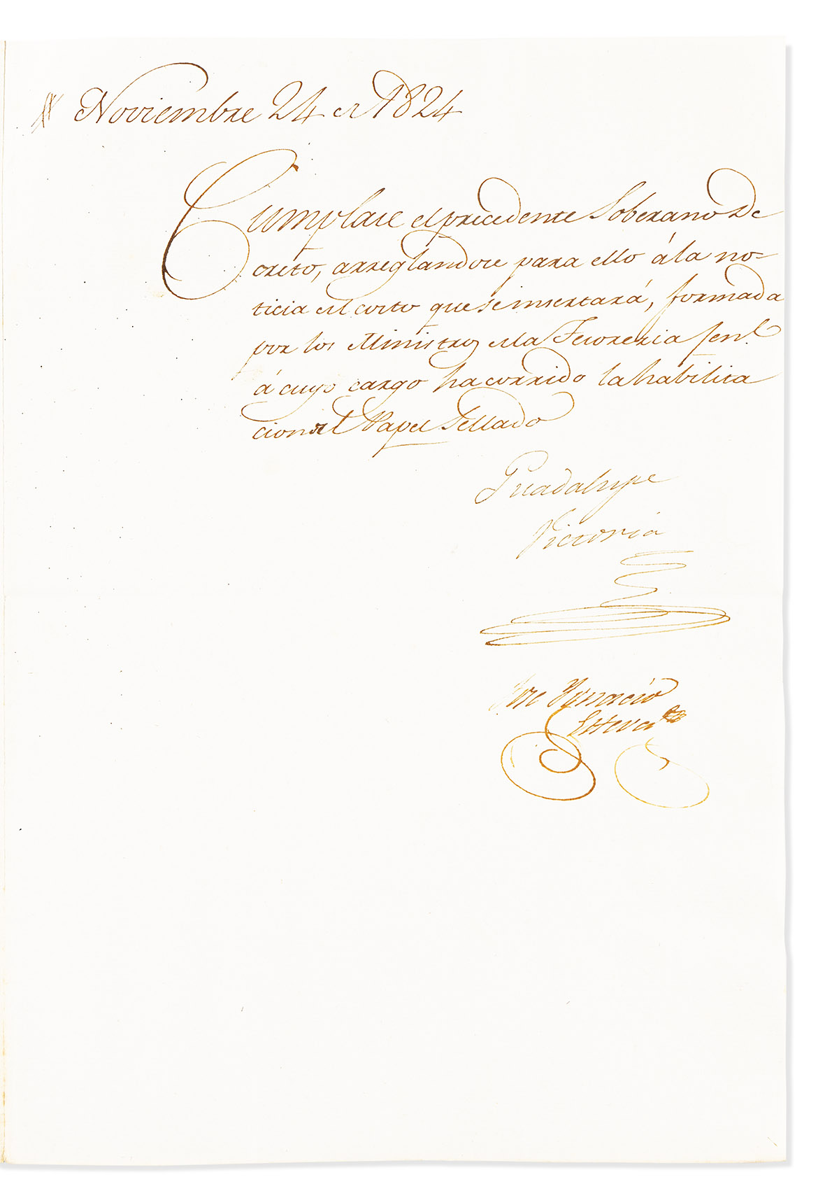 VICTORIA, GUADALUPE. Brief Letter Signed, as President, to an unnamed recipient, in Spanish,